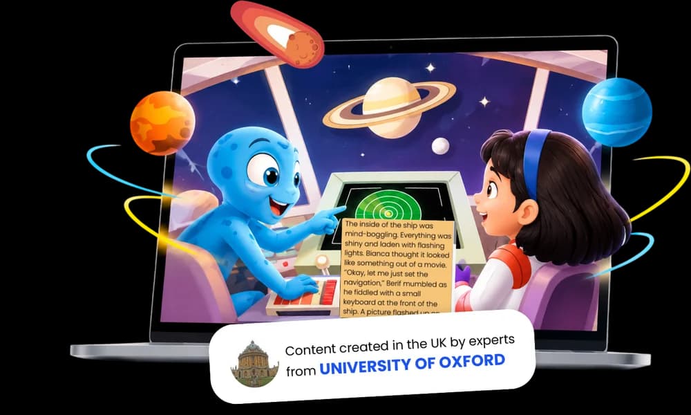 Animated Instrucko storybook lesson on a laptop, with content created in the UK by experts from the University of Oxford