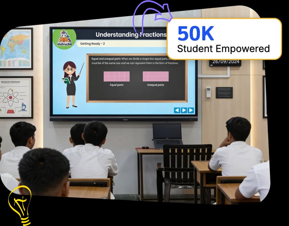 Students in a classroom learning fractions from an Instrucko lesson on a smart board, 50K students empowered